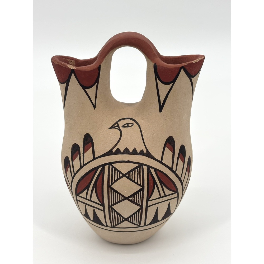 Rita Yepa Native Wedding Vase Pottery Bird Motif Hand Painted Signed 6.5"